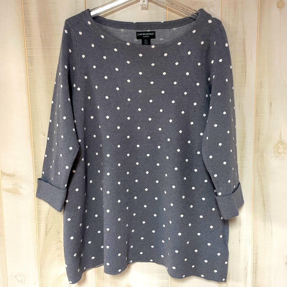 Cynthia Rowley Gray White Polka Dot Cuffed a 3/4 Sleeve Tunic Sweater Sz 1X - Picture 1 of 5